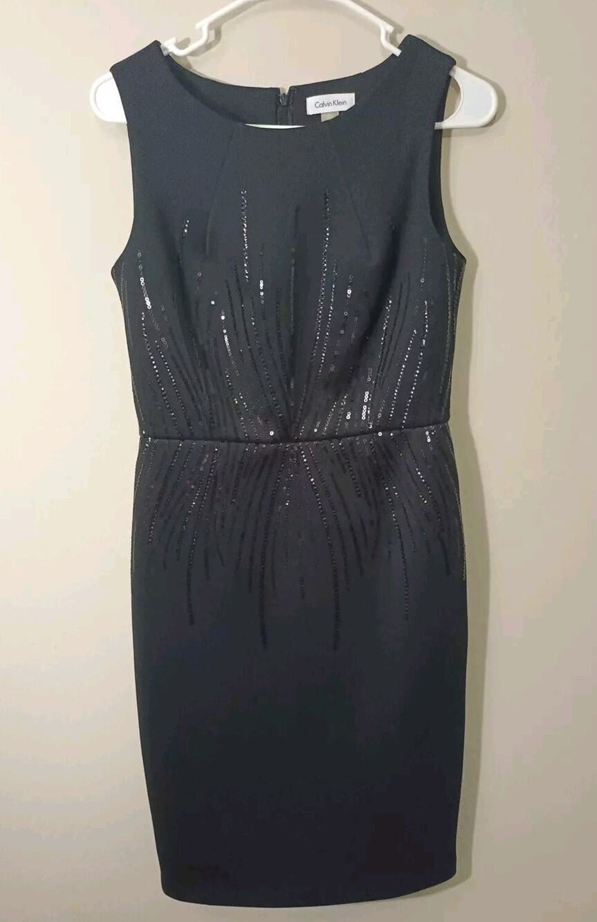 Calvin Klein Womens Beaded Sleeveless Black Pencil Dress Sz 4